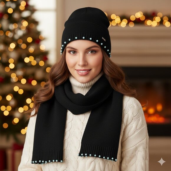 ⬇️ Karl Lagerfeld Black Woman Beanie and Scarf Set - Picture 1 of 6